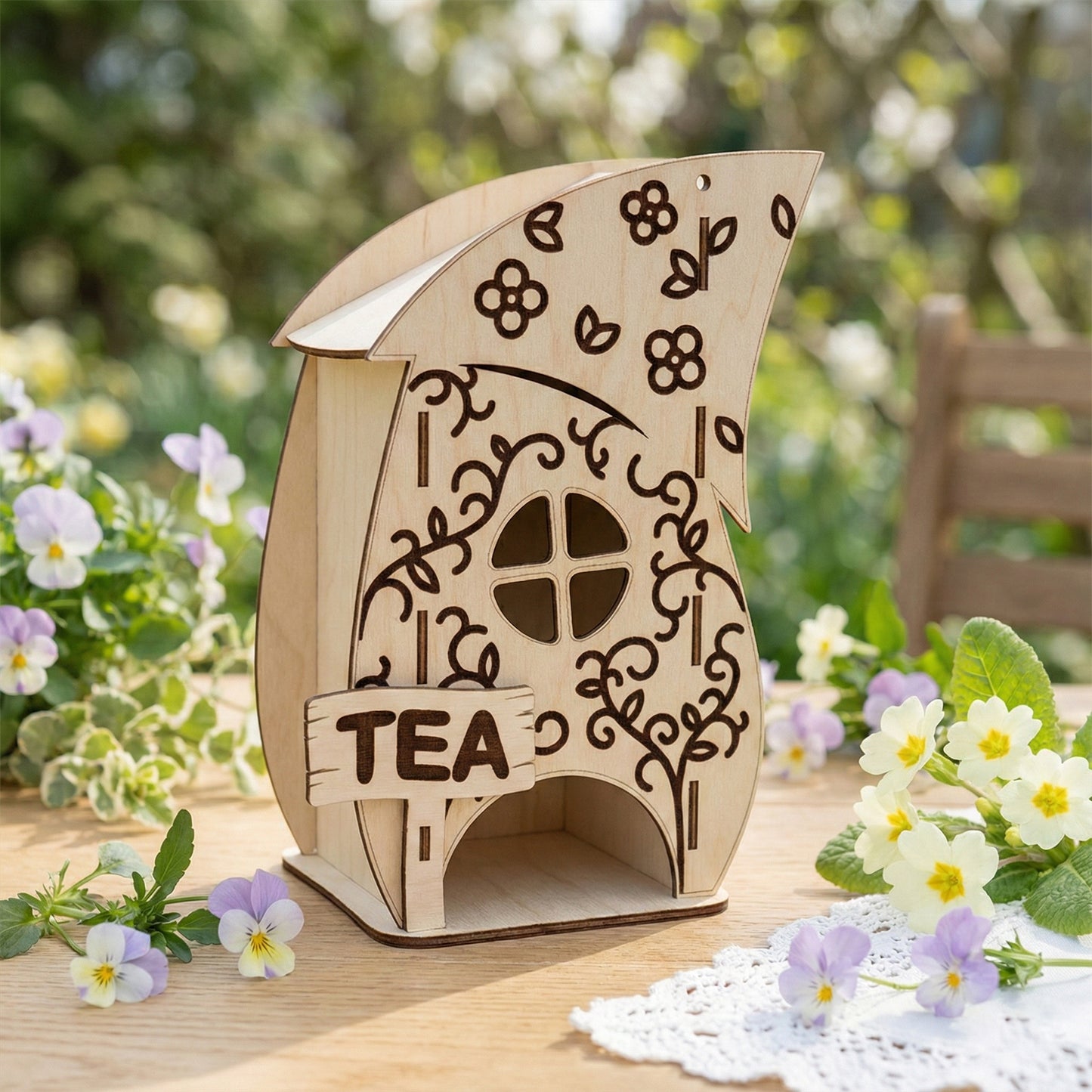 Laser cut plywood tea bag dispenser shaped like a whimsical gnome house with etched floral vine patterns. A wooden "TEA" sign hangs on the front. Surrounded by small purple and yellow pansies on a light wood table.