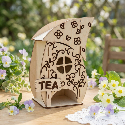 Laser cut plywood tea bag dispenser shaped like a whimsical gnome house with etched floral vine patterns. A wooden "TEA" sign hangs on the front. Surrounded by small purple and yellow pansies on a light wood table.