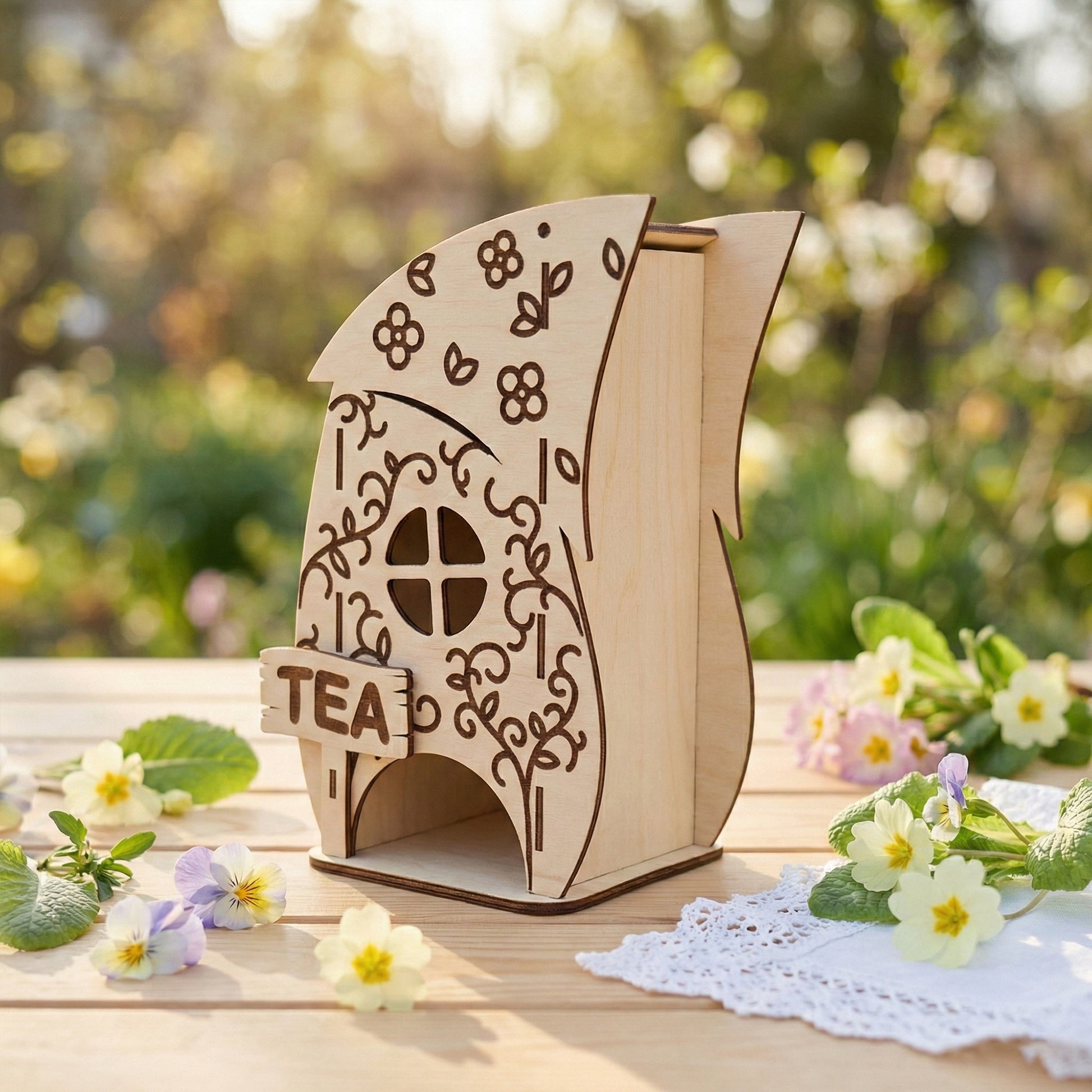 Side profile of the gnome-style tea dispenser in natural laser cut plywood. Shows the curved roofline and tall, slim rectangular body for holding tea bags. Set in a bright, sunny garden background with a white lace doily.
