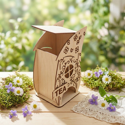Top-down view of the laser cut plywood gnome house with the roof lid tilted open to show the storage compartment. The natural wood grain and precision-cut edges are highlighted against a backdrop of moss and spring flowers.