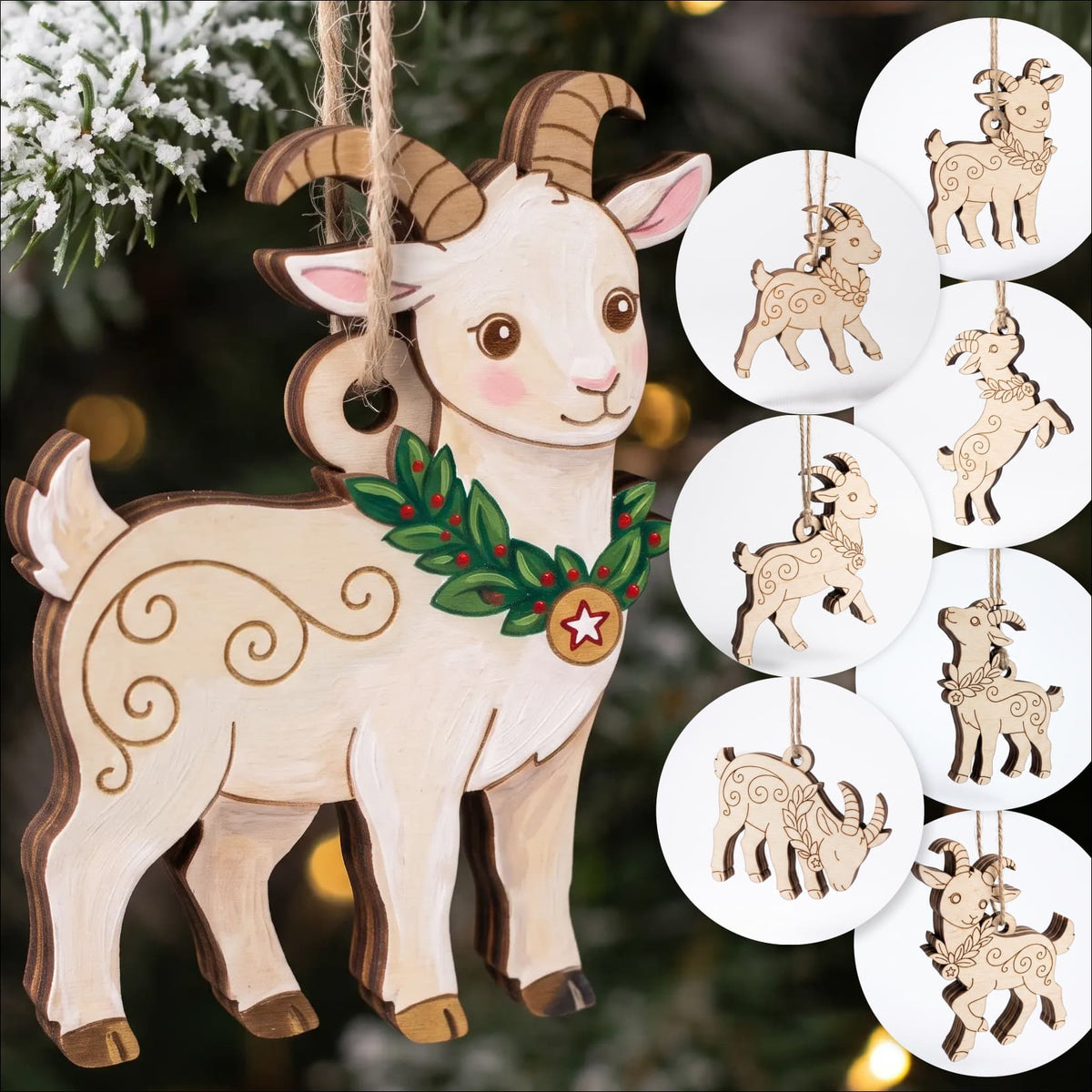 A wooden goat Christmas laser cut ornament bundle with engraved swirl patterns, a green wreath with red berries, and a gold star, shown hanging in front of a blurred Christmas tree. 