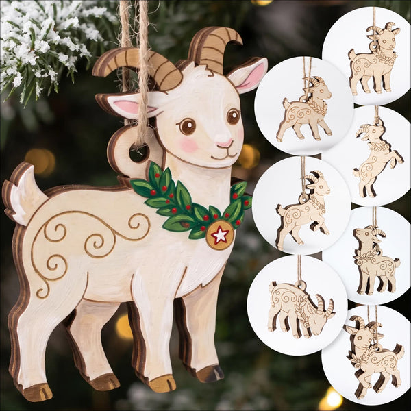 A wooden goat Christmas laser cut ornament bundle with engraved swirl patterns, a green wreath with red berries, and a gold star, shown hanging in front of a blurred Christmas tree. 