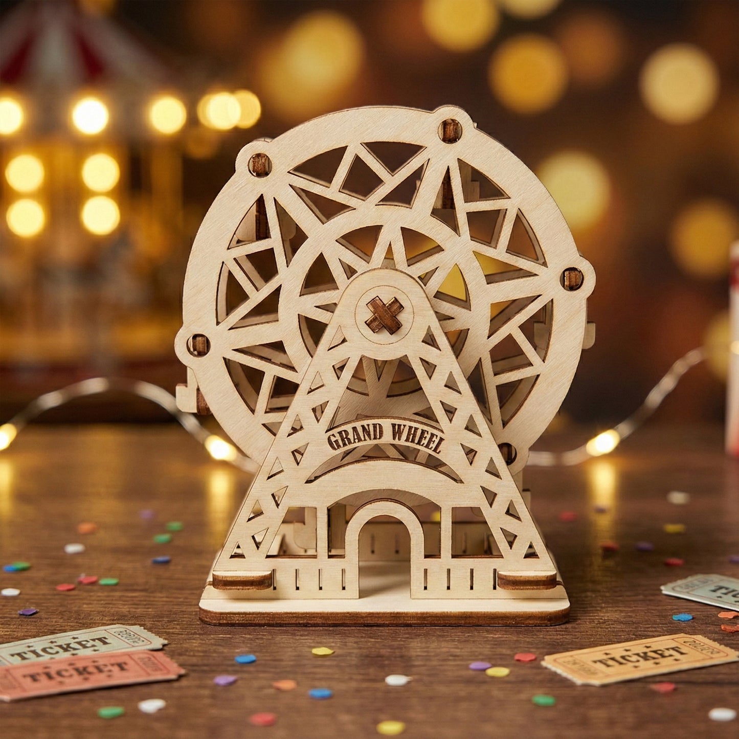 Front view of a decorative "Grand Wheel" Ferris wheel made of laser cut plywood. Features intricate geometric cutouts and a stable triangular base. Resting on a dark wood surface with festive tickets and blurred lights in the background.