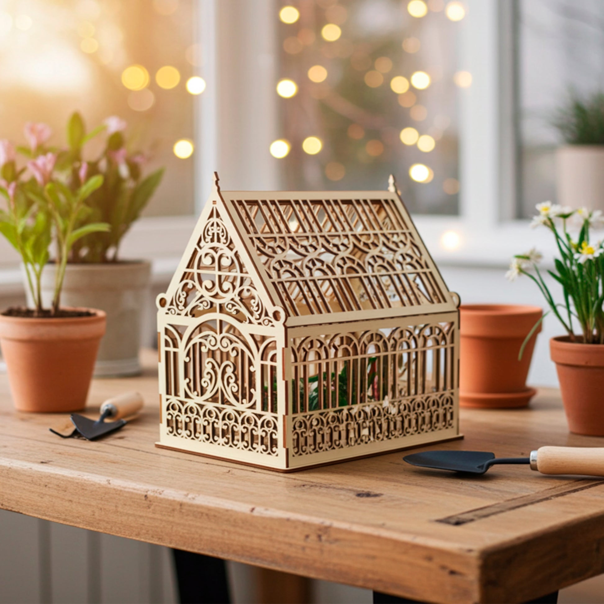 A laser-cut plywood wooden greenhouse model with intricate decorative panels and an openwork roof, shown from an angled view to highlight its detailed craftsmanship and light natural wood texture.