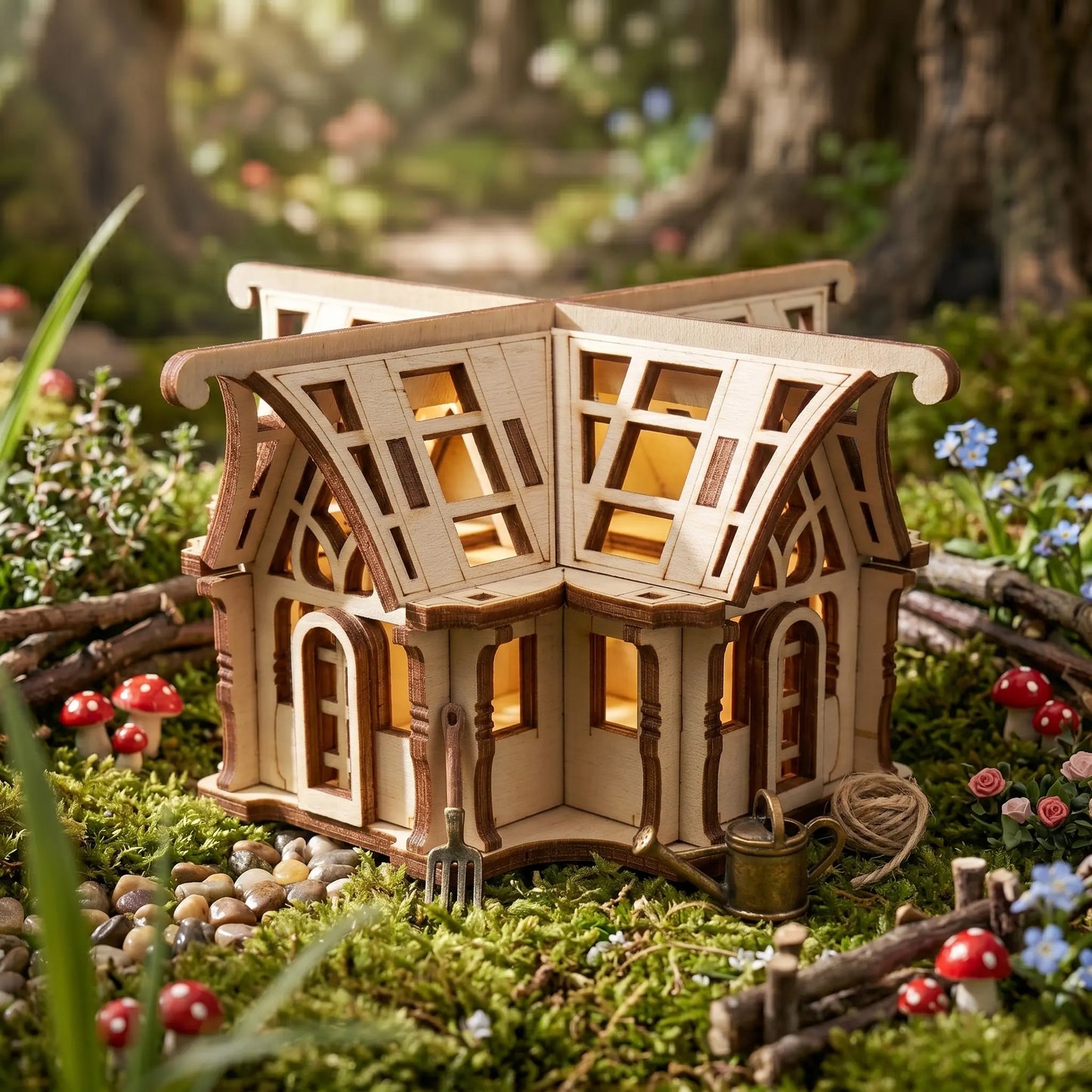 Miniature laser cut greenhouse in a fairy garden setting with flowers and stones.