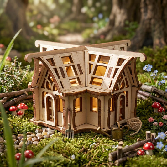 Miniature laser cut greenhouse in a fairy garden setting with flowers and stones.