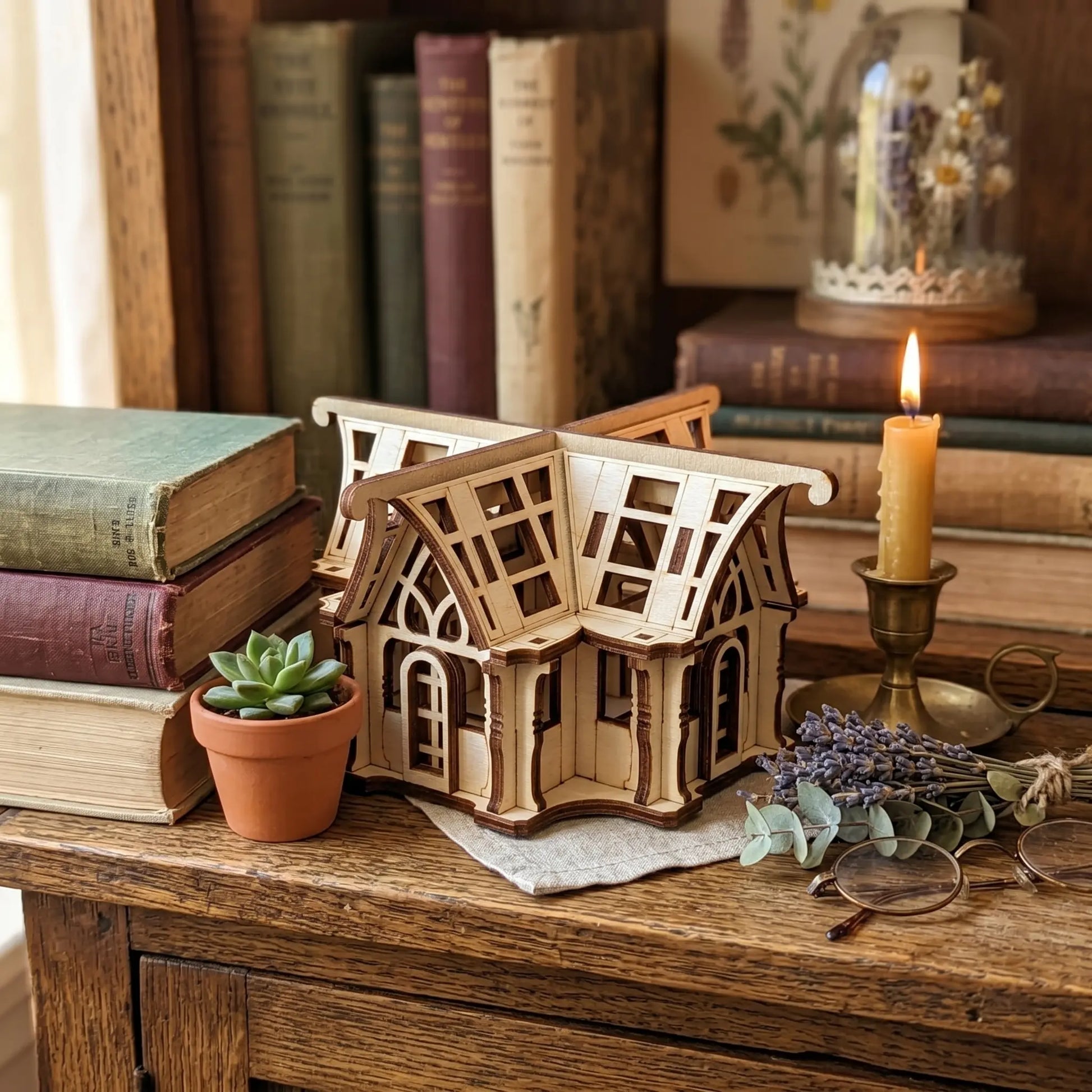 Wooden laser cut model of a house on a wooden surface with books and decorative items.