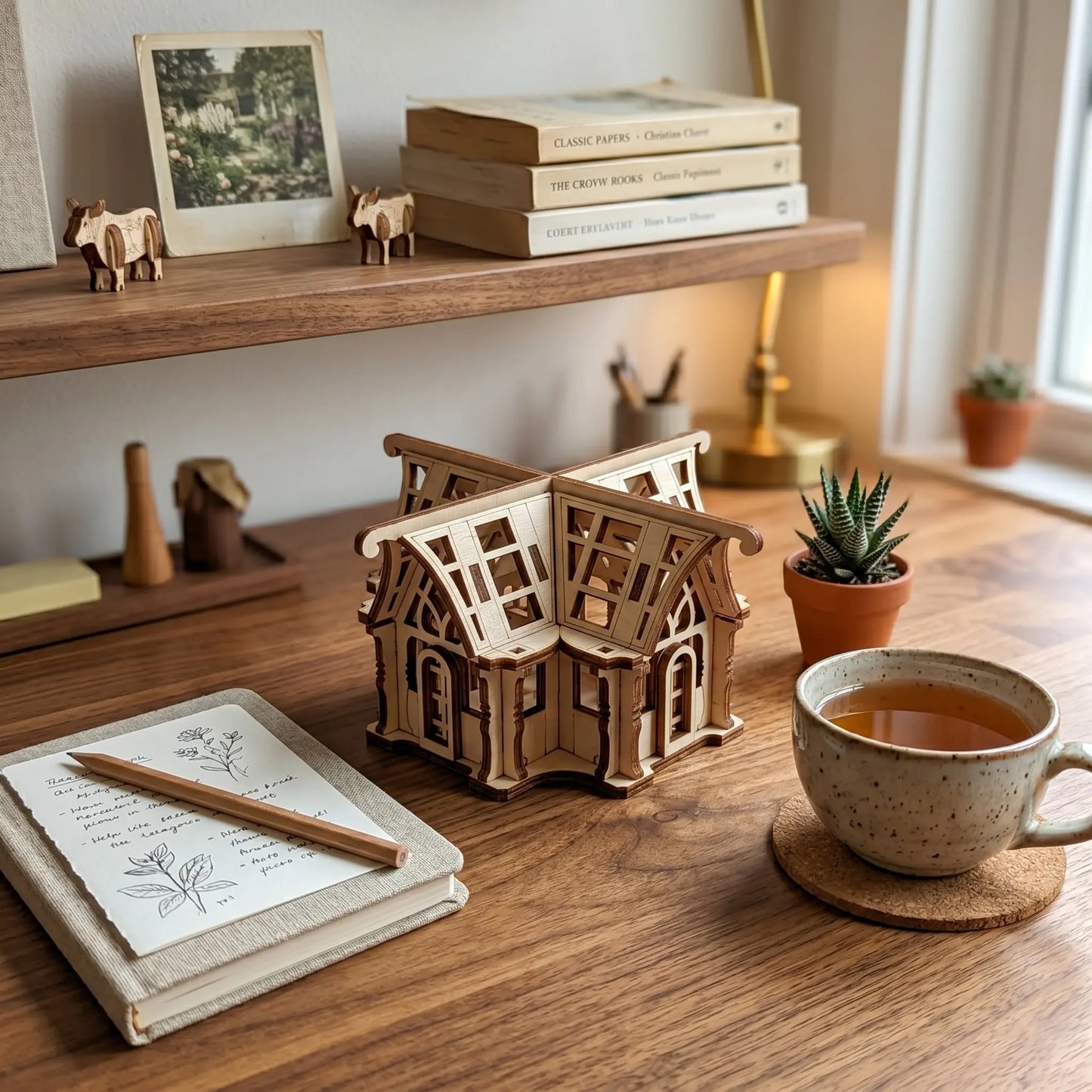 Wooden model of a house on a wooden desk with a cup of tea and notebook.