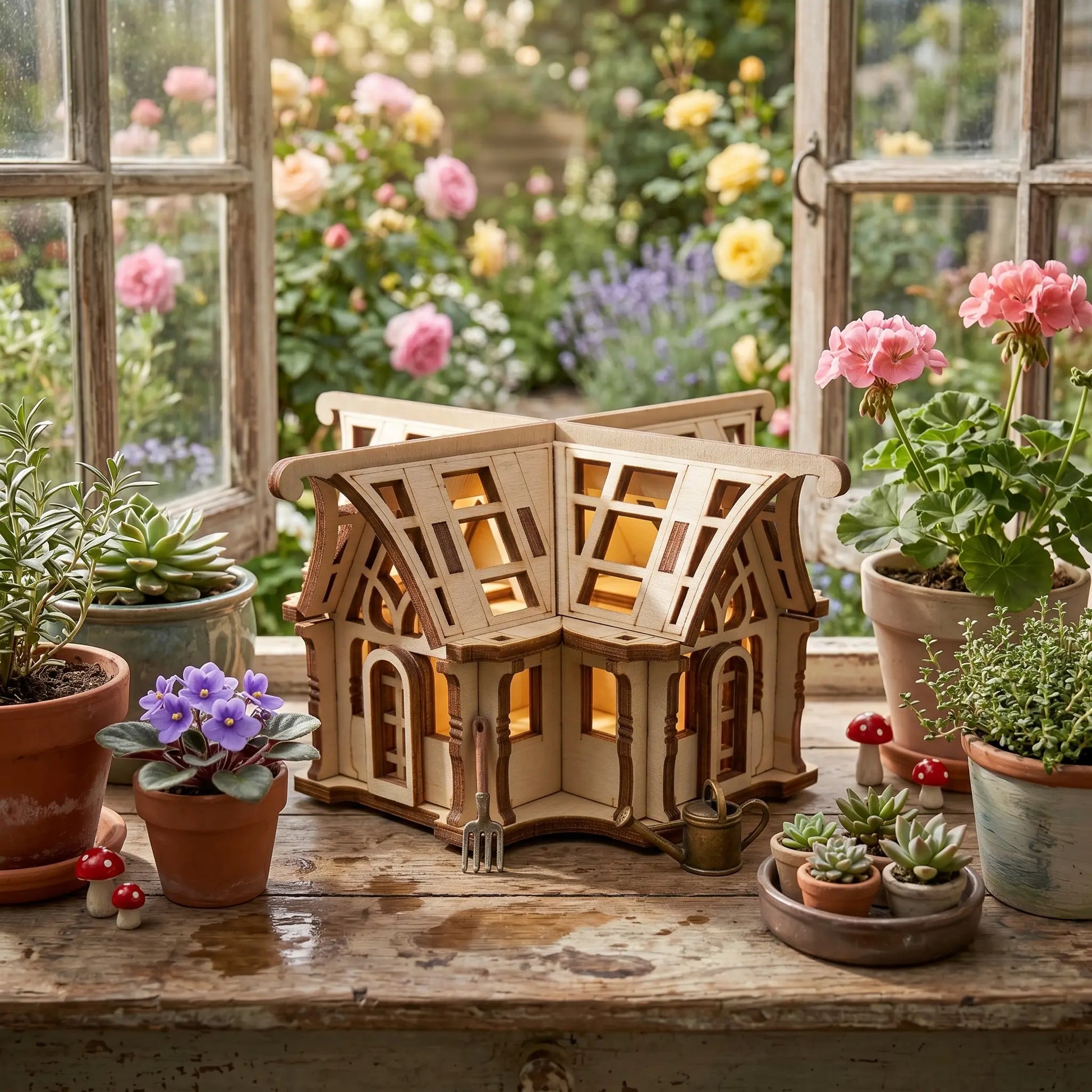 Wooden laser cut greenhouse on a table with potted plants in a garden setting