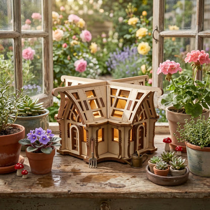Wooden laser cut greenhouse on a table with potted plants in a garden setting