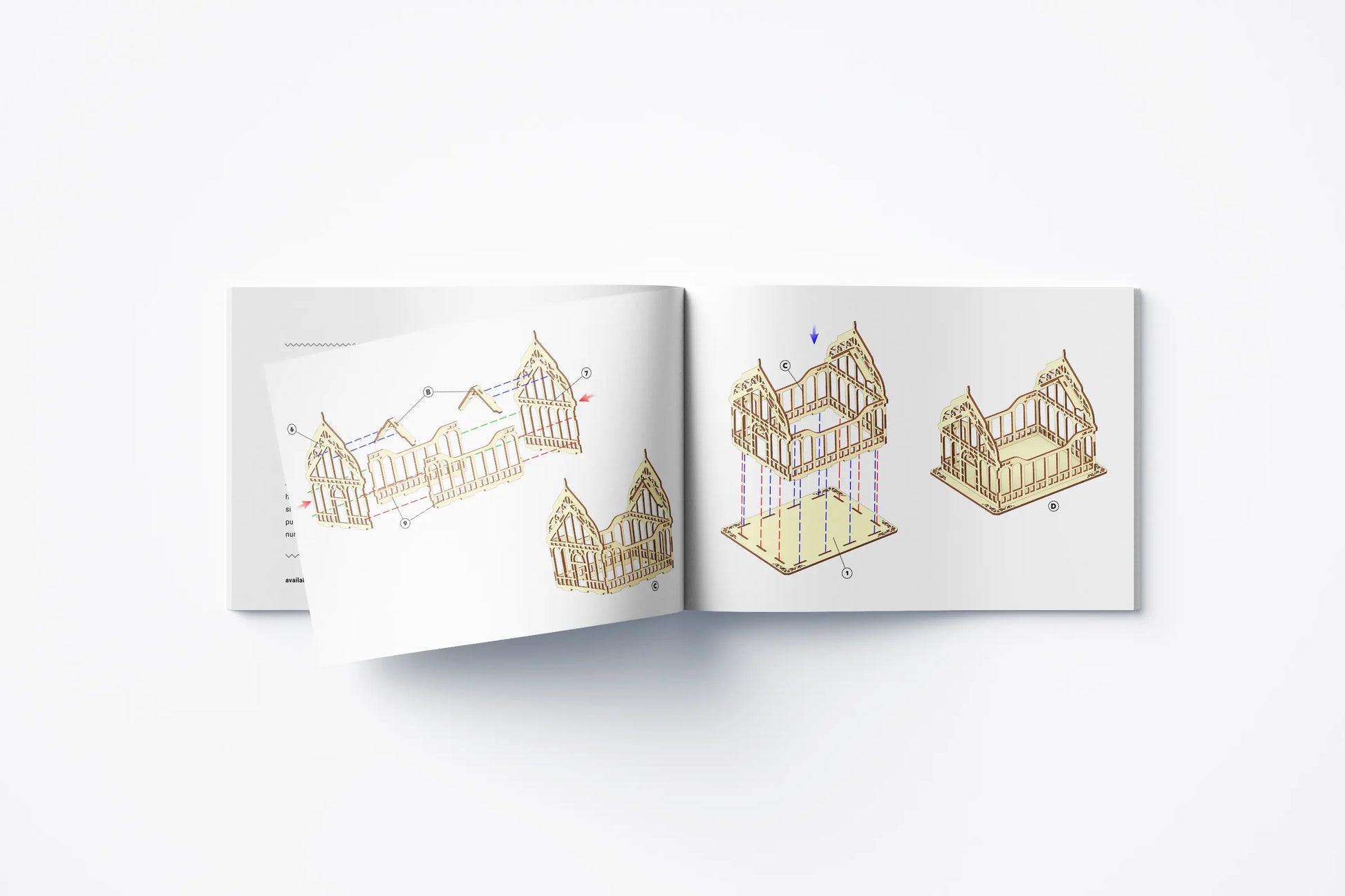 An open printed booklet displaying clear 3D diagrams for assembling a DIY miniature greenhouse from laser cut plywood.