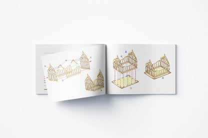 An open printed booklet displaying clear 3D diagrams for assembling a DIY miniature greenhouse from laser cut plywood.
