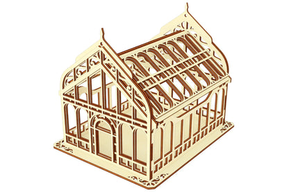 Isometric digital render of a miniature decorative greenhouse box made using a precision laser cut plywood plan.