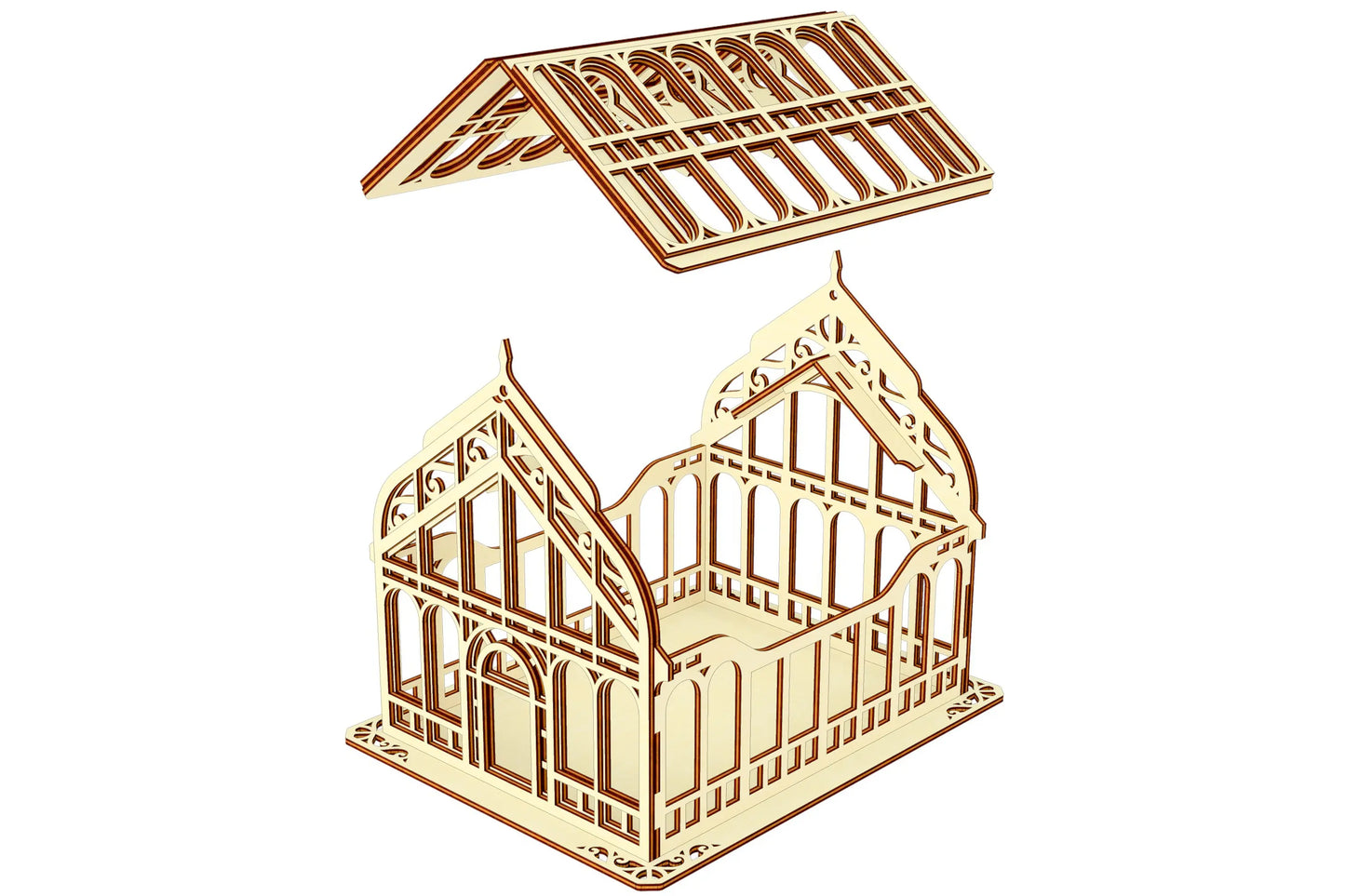 3D model graphic of an assembled laser cut plywood micro greenhouse box with an exploded view of its arched roof lid.