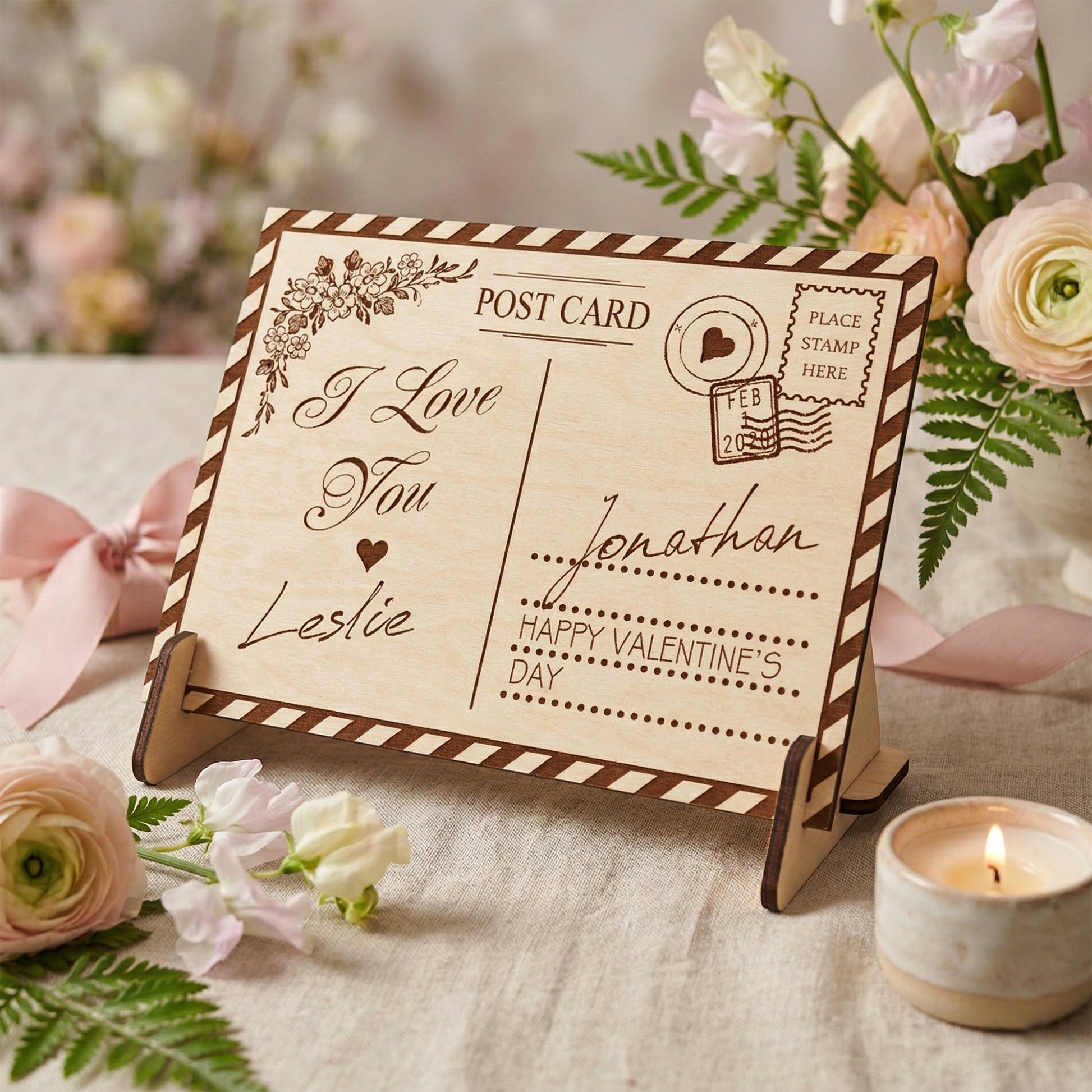 A personalized laser-cut wooden Valentine's Day postcard on a matching stand. Engraved with "I Love You", "Leslie", "Jonathan", and a vintage postmark. Features a striped border and floral corner design. Styled on a table with flowers and a candle.