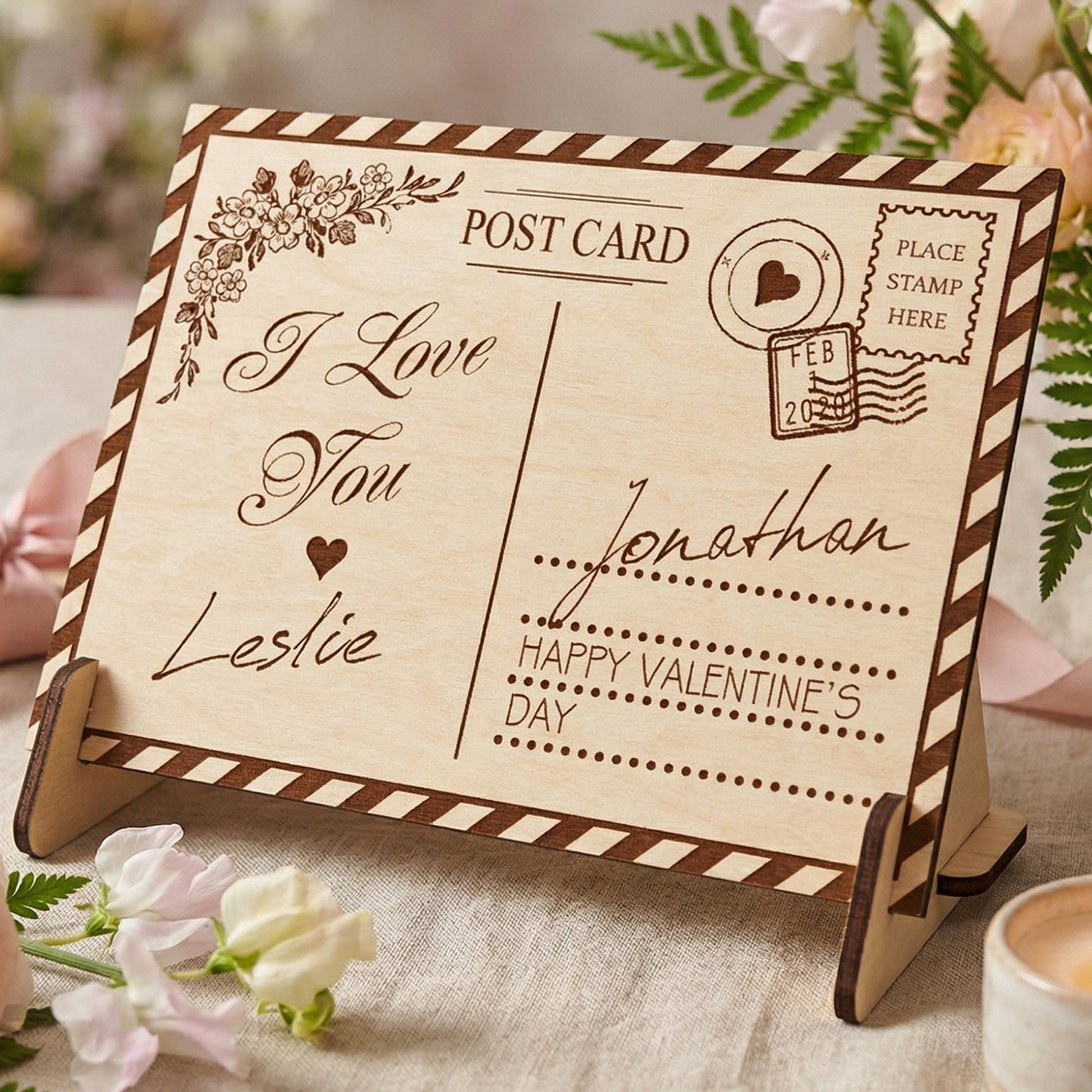 A personalized laser-cut wooden Valentine's Day postcard on a matching stand. Engraved with "I Love You", "Leslie", "Jonathan", and a vintage postmark. Features a striped border and floral corner design. Styled on a table with flowers and a candle.