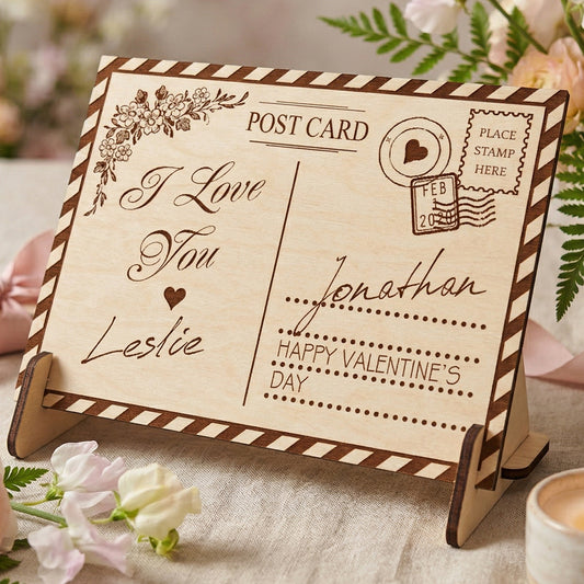 A personalized laser-cut wooden Valentine's Day postcard on a matching stand. Engraved with "I Love You", "Leslie", "Jonathan", and a vintage postmark. Features a striped border and floral corner design. Styled on a table with flowers and a candle.