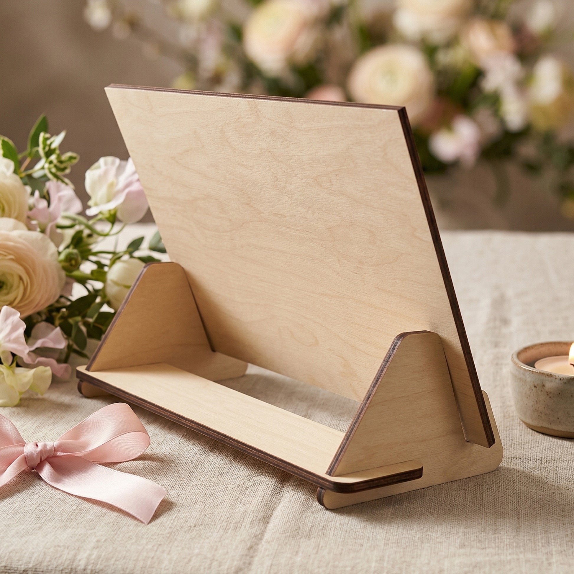 Rear view of a laser-cut plywood greeting card showing the simple wooden display stand. Highlights the natural light wood grain and clean, dark laser-cut edges. Posed in a romantic setting on a linen tablecloth with a pink ribbon and flowers.