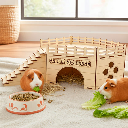 Laser cut wooden plywood Guinea Pig House with an arched entrance and side windows, featuring stairs leading to a fenced rooftop platform. The light wood structure is displayed on a fluffy white rug with hay, a food bowl, and two live guinea pigs eating lettuce, clearly showing the scale and function as a pet hideaway 