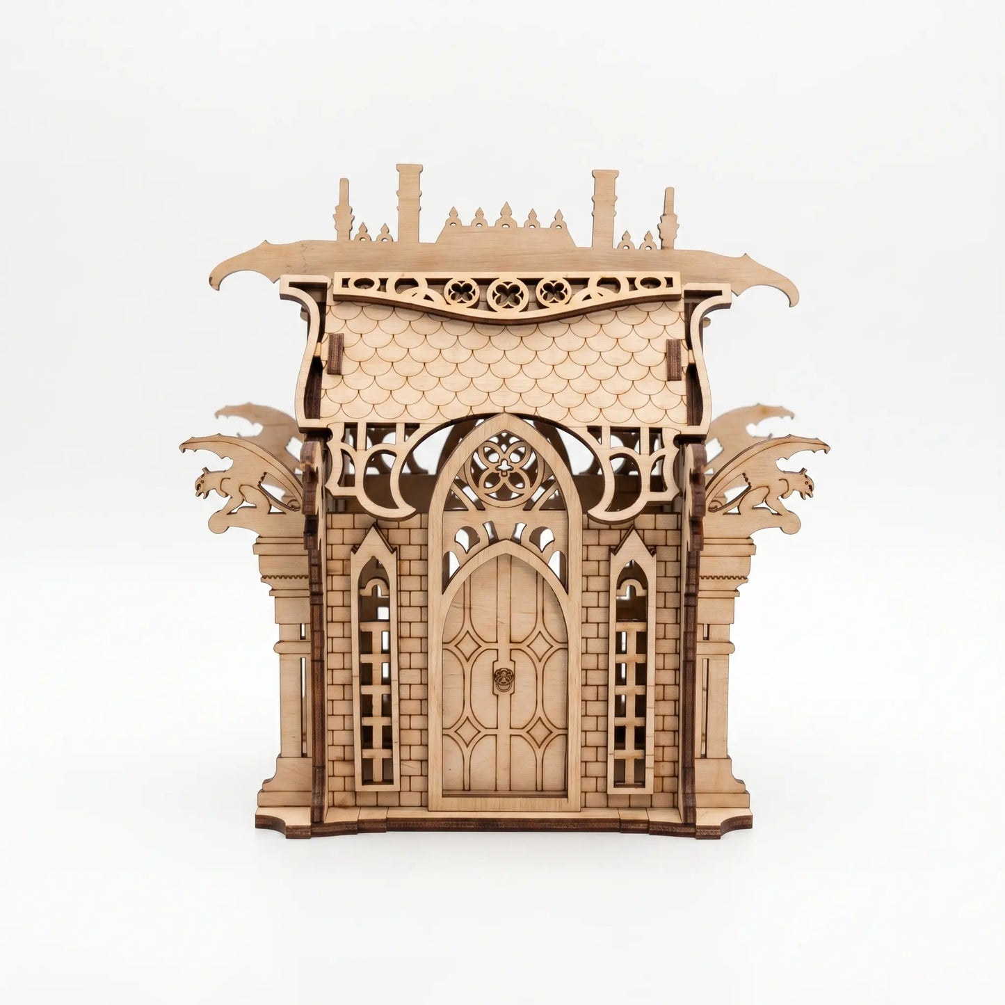 Wooden architectural model with intricate design on a white background