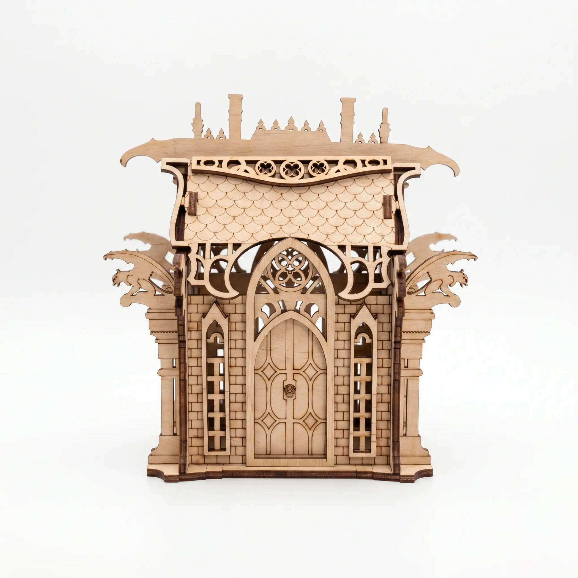 Wooden architectural model with intricate design on a white background