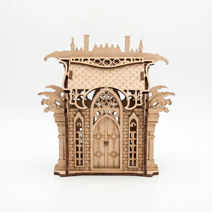 Wooden architectural model with intricate design on a white background
