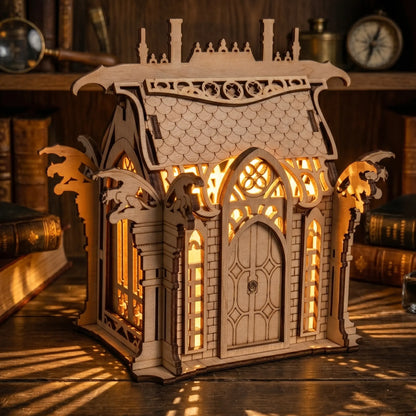 Gothic-style wooden laser cut lantern with intricate designs on a wooden surface.