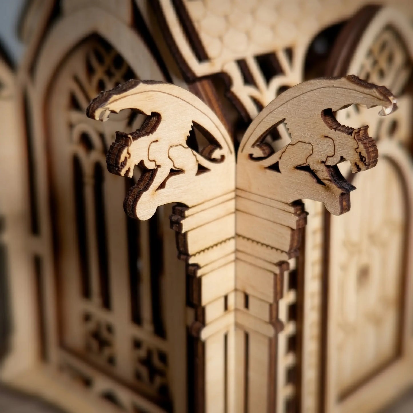 Close-up of a wooden architectural model with intricate details
