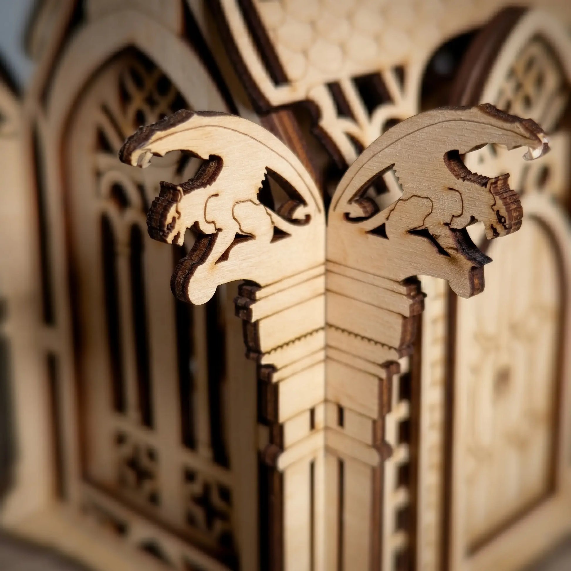 Close-up of a wooden architectural model with intricate details