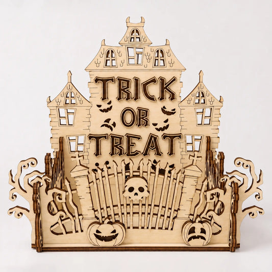 Wooden Halloween-themed decorative piece with 'Trick or Treat' text on a white background