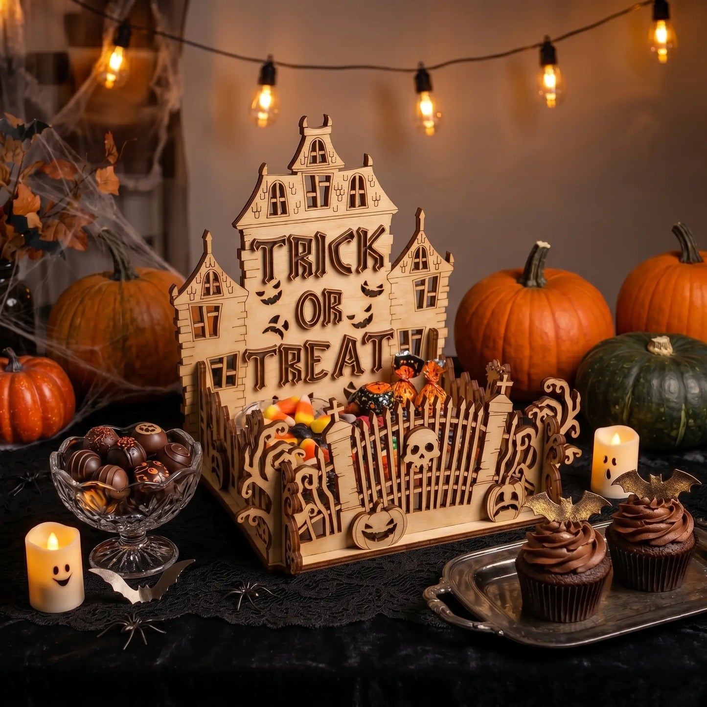 Halloween-themed wooden house with 'Trick or Treat' text, surrounded by pumpkins, candles, and treats.