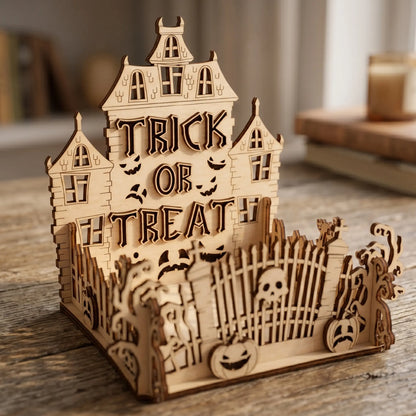 Wooden Halloween-themed house with 'Trick or Treat' text on a wooden surface.