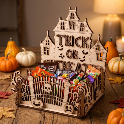 Wooden laser cut Halloween candy holder with treats on a wooden table with pumpkins.