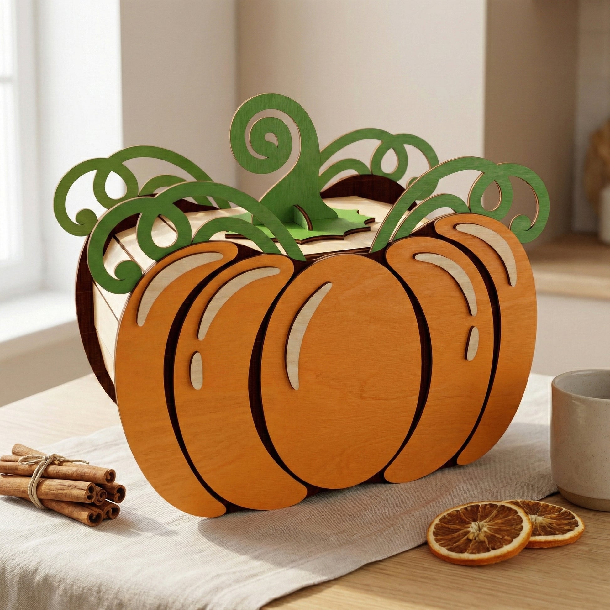 Front view of a pumpkin-shaped storage box made of laser cut plywood. Features orange-stained outer layers and green vine-like accents on top. The wooden box sits on a linen cloth next to cinnamon sticks and dried orange slices for a cozy fall vibe.