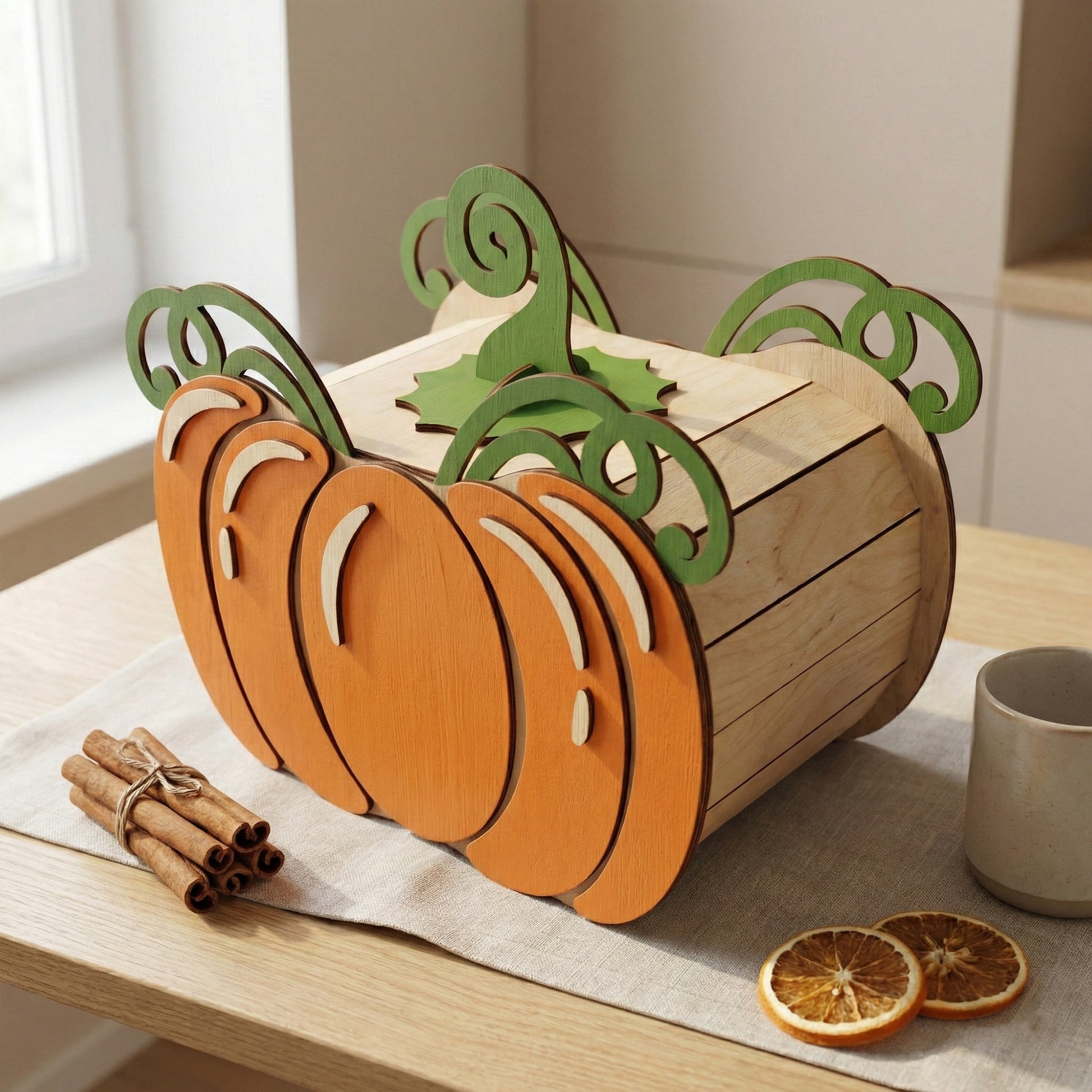 Perspective view of a 3D pumpkin box showing the slatted wood construction of the body. Made from laser cut plywood with a removable lid and a decorative green scroll stem. Displayed on a wooden table to show the scale and handcrafted texture.