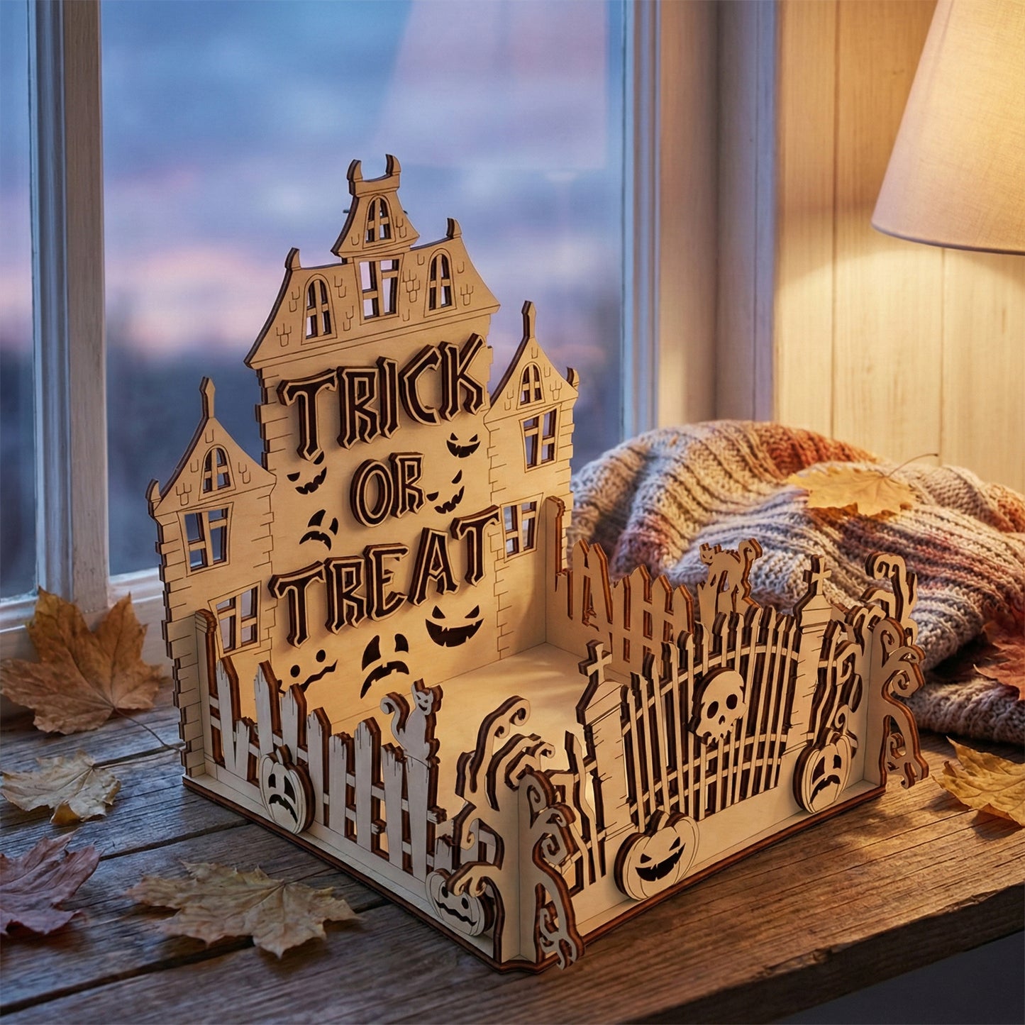 A Halloween trick-or-treat candy box made of laser cut plywood. Features a haunted house backdrop with "Trick or Treat" text, spooky faces, and a graveyard fence with skulls and pumpkins. Sits on a wooden windowsill with autumn leaves.