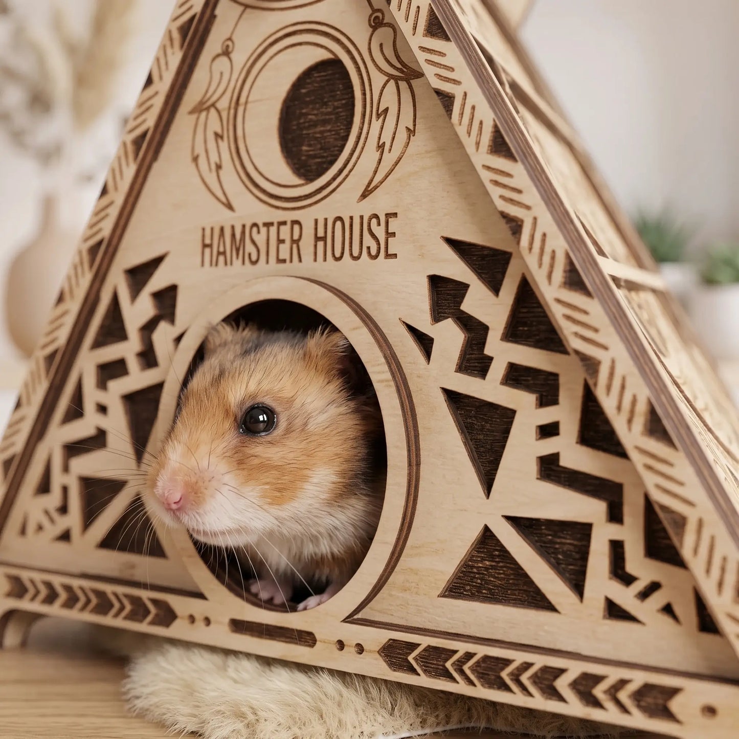 A hamster is peeking out from a wooden triangular structure with a circular opening, labeled "Hamster House".