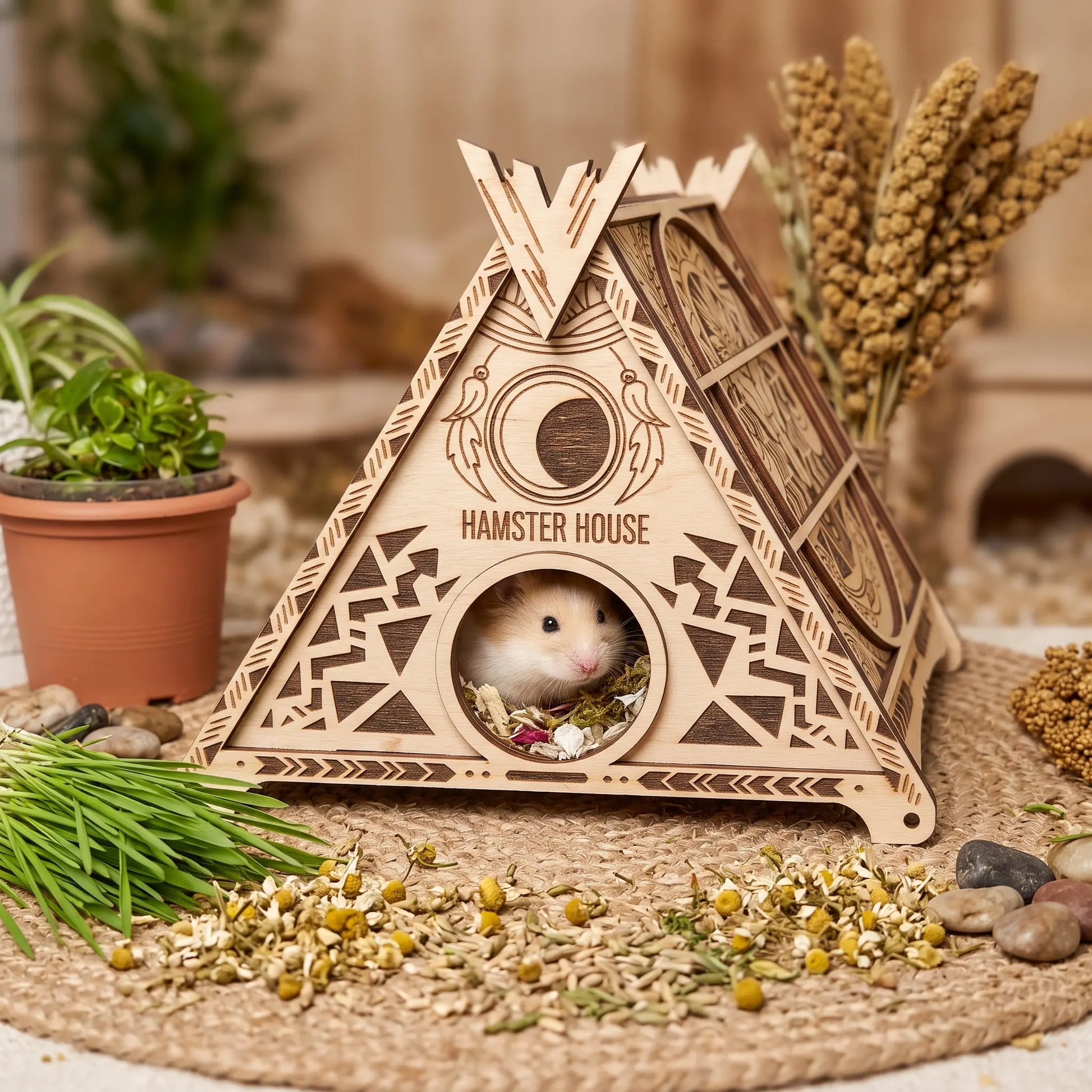 A laser cut hamster house with a small hamster inside, surrounded by various plants and decorative items.