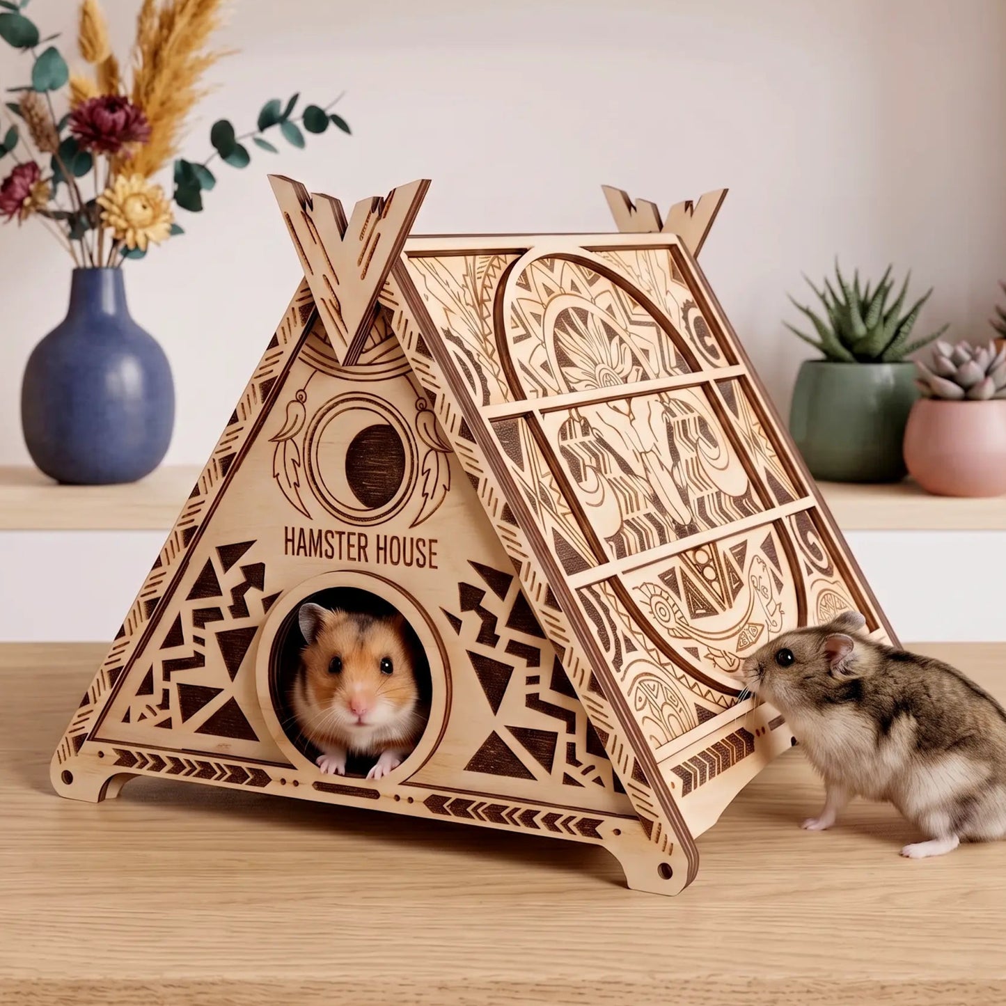 A laser cut hamster house with a hamster inside, placed on a wooden surface with two small hamsters