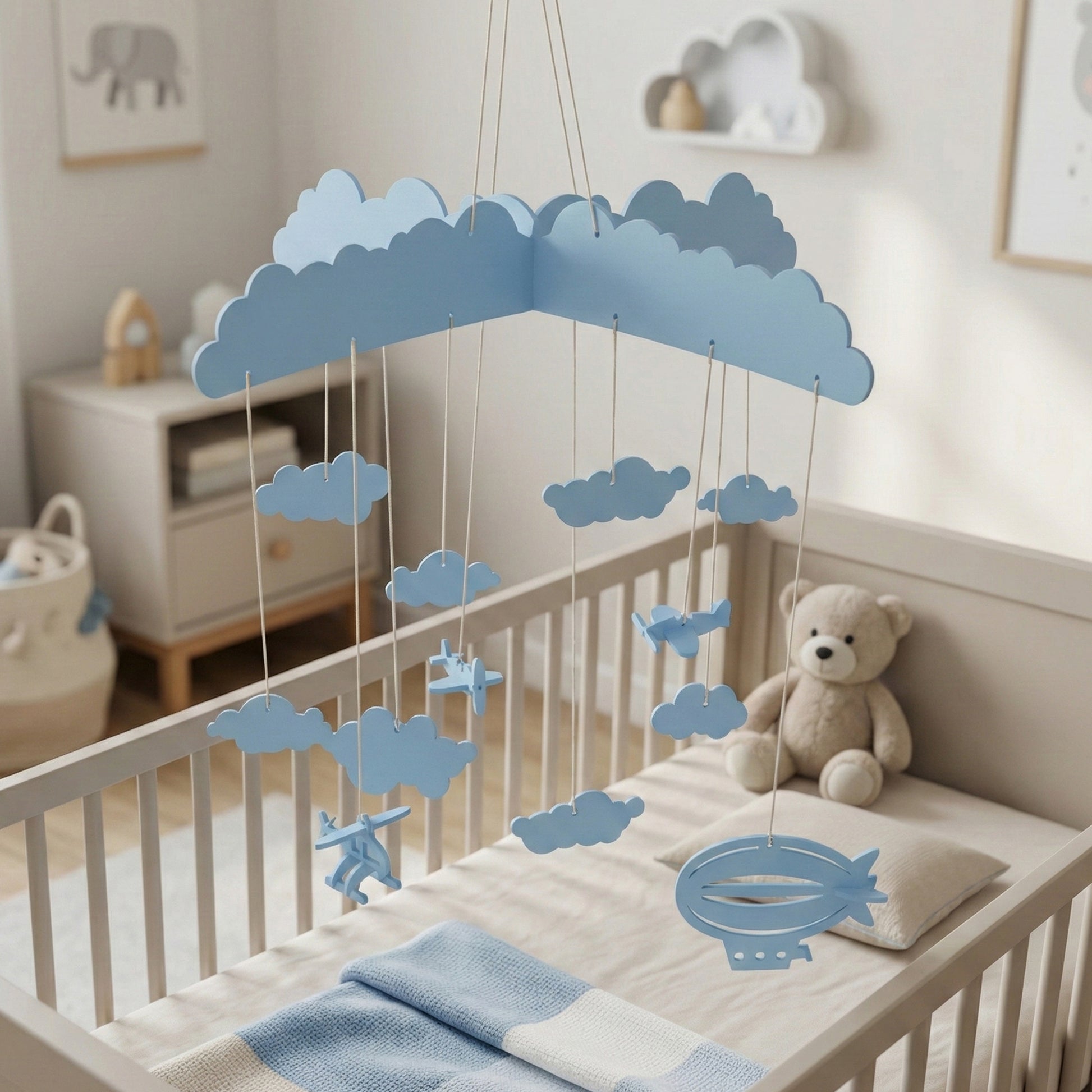 Delicate laser cut baby mobile in soft blue tones with layered clouds and vintage-style aircraft silhouettes.
