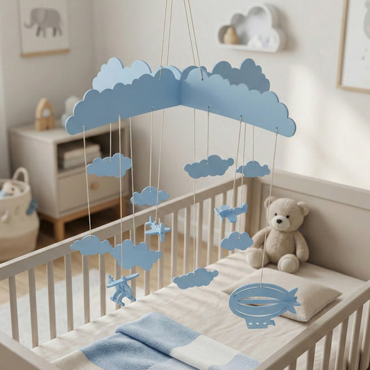Delicate laser cut baby mobile in soft blue tones with layered clouds and vintage-style aircraft silhouettes.