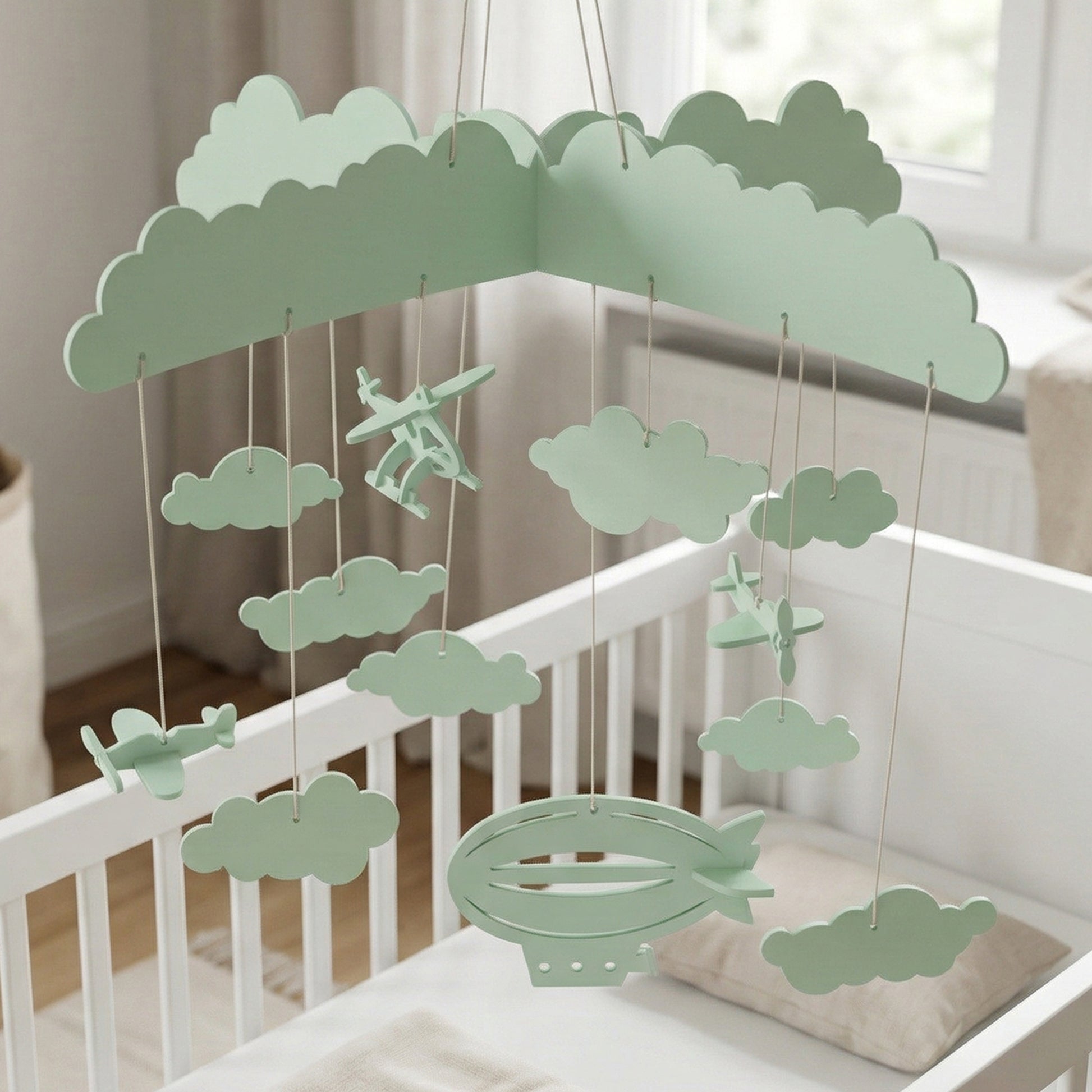 Mint green laser cut wooden hanging toy composed of fluffy clouds, small airplanes, and a blimp, intended as a baby crib mobile.
