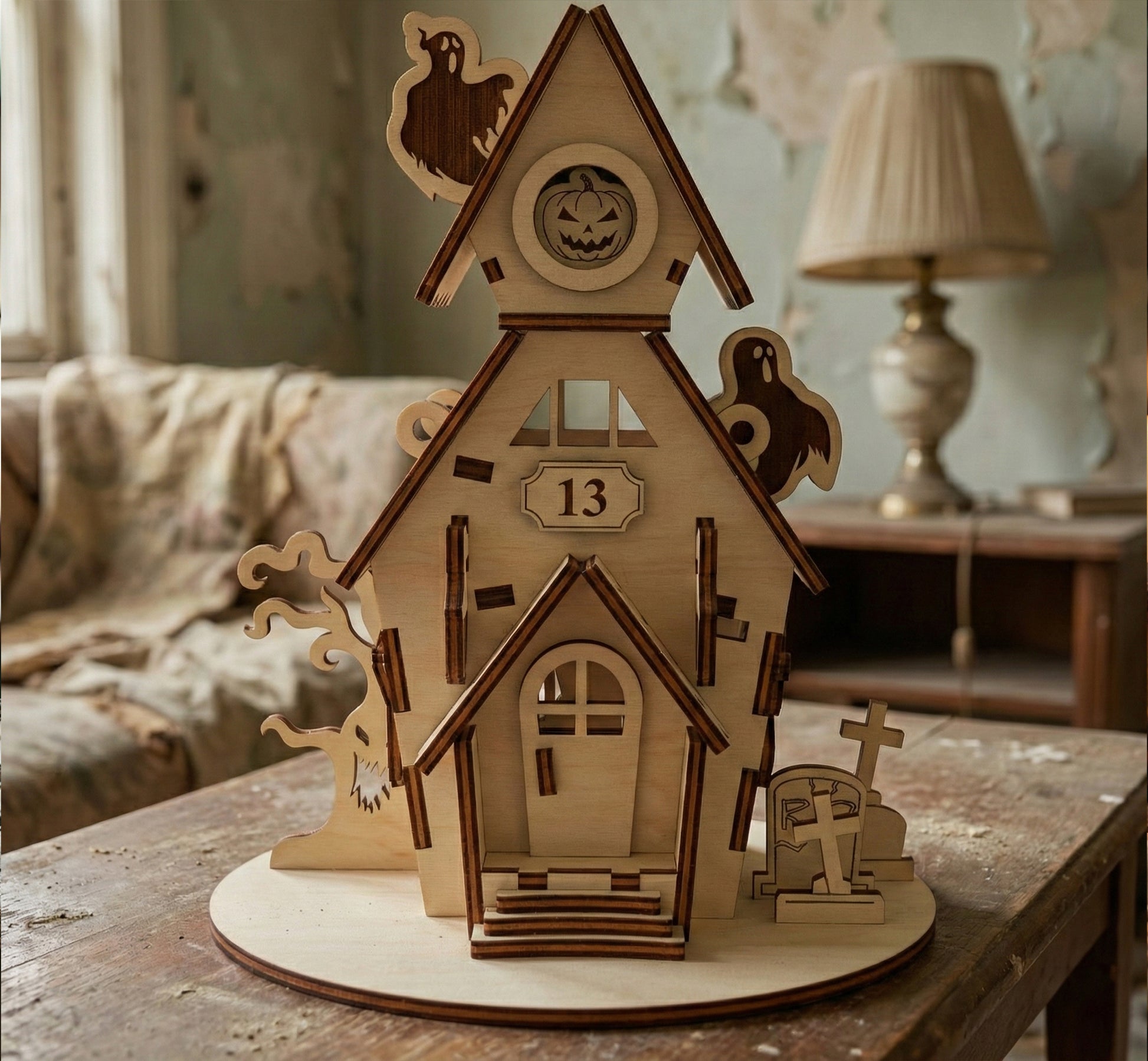 Front view of a two-story haunted house made from laser cut plywood. Features a "13" plaque, a jack-o'-lantern in the attic window, and ghost silhouettes. A miniature graveyard and spooky tree sit on the circular base.