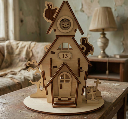 Front view of a two-story haunted house made from laser cut plywood. Features a "13" plaque, a jack-o'-lantern in the attic window, and ghost silhouettes. A miniature graveyard and spooky tree sit on the circular base.
