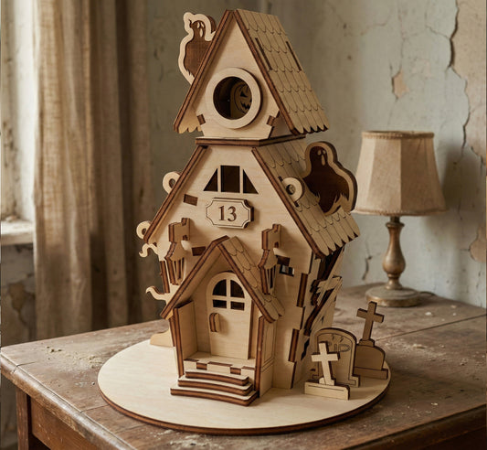 Angled view of the laser cut plywood haunted house showing shingled roof textures and dark wood burnt edges. The 3D model stands on a rustic table in a vintage room, highlighting the depth of the porch and gravestone details.