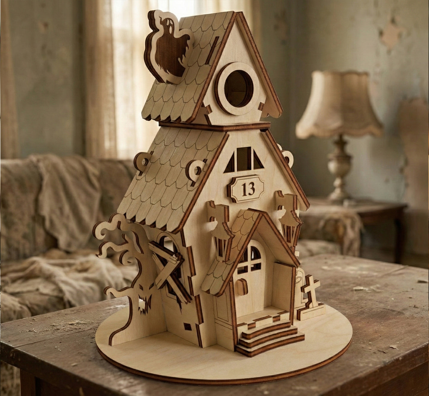 Side view of a DIY laser cut plywood Halloween house decoration. Displays the interlocking tab-and-slot construction, a boarded-up side window, and a silhouette of a ghost peeking from behind the crooked chimney.