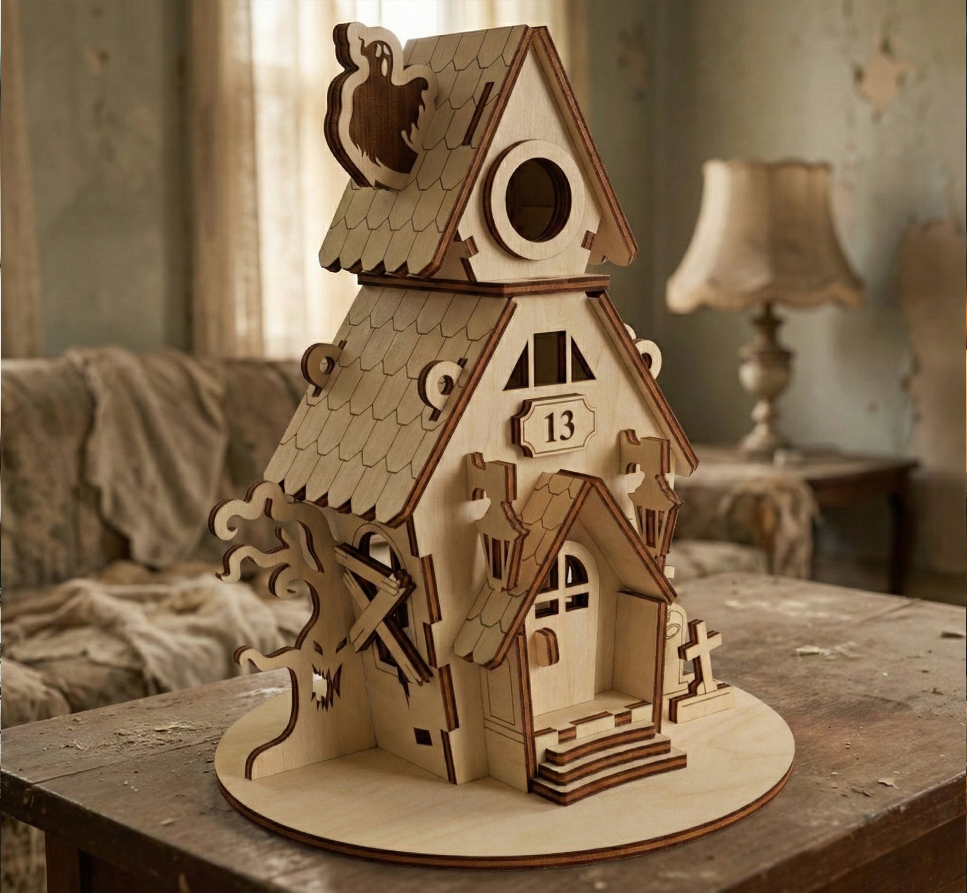 Side view of a DIY laser cut plywood Halloween house decoration. Displays the interlocking tab-and-slot construction, a boarded-up side window, and a silhouette of a ghost peeking from behind the crooked chimney.