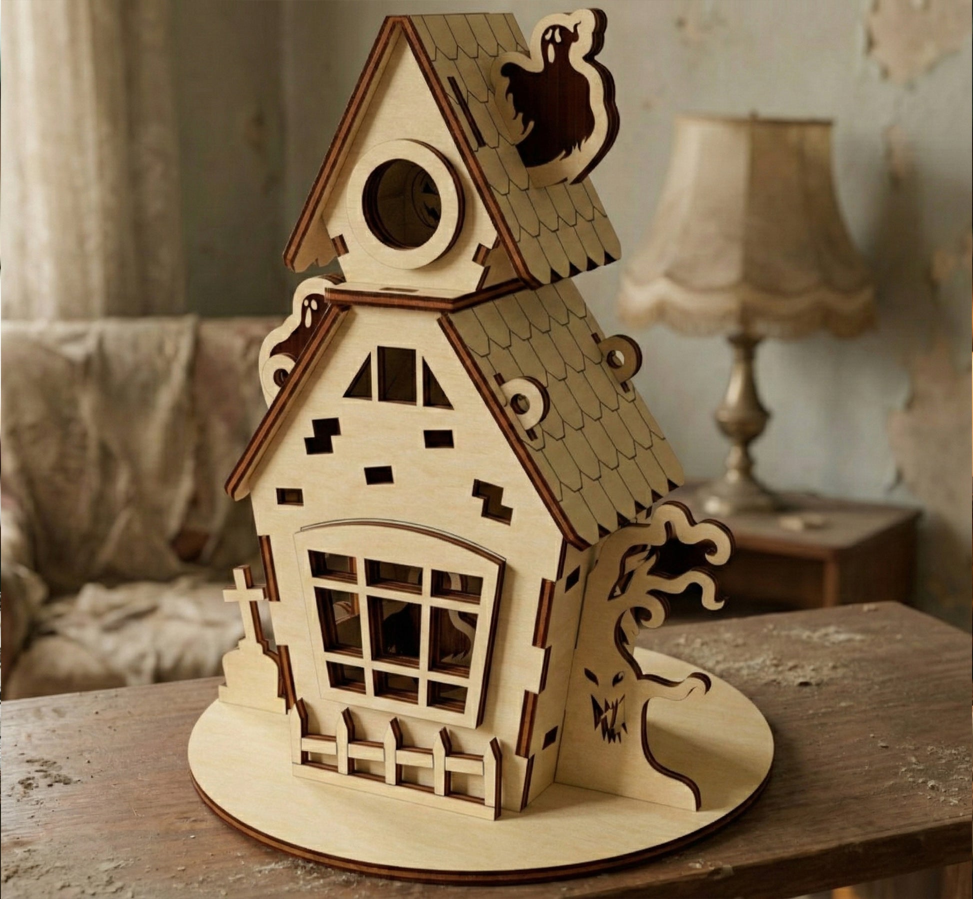 Back view of the haunted house made of laser cut plywood, showcasing a large window with crossbars and a small picket fence. A scary face is etched into the trunk of the plywood tree, set against a blurred interior background.