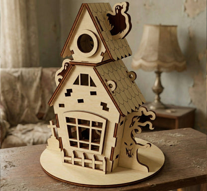 Back view of the haunted house made of laser cut plywood, showcasing a large window with crossbars and a small picket fence. A scary face is etched into the trunk of the plywood tree, set against a blurred interior background.