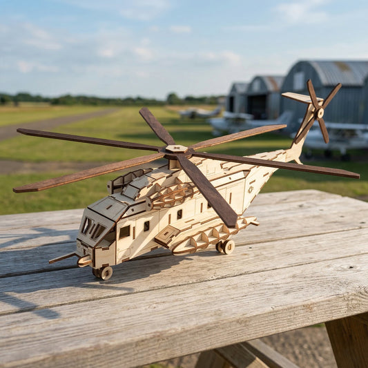 3/4 front view of a laser cut plywood helicopter model on a wooden table. Features landing wheels, cockpit windows, and etched star insignia. Natural wood texture with burnt edges. Blurred airfield and arched hangars in the background.